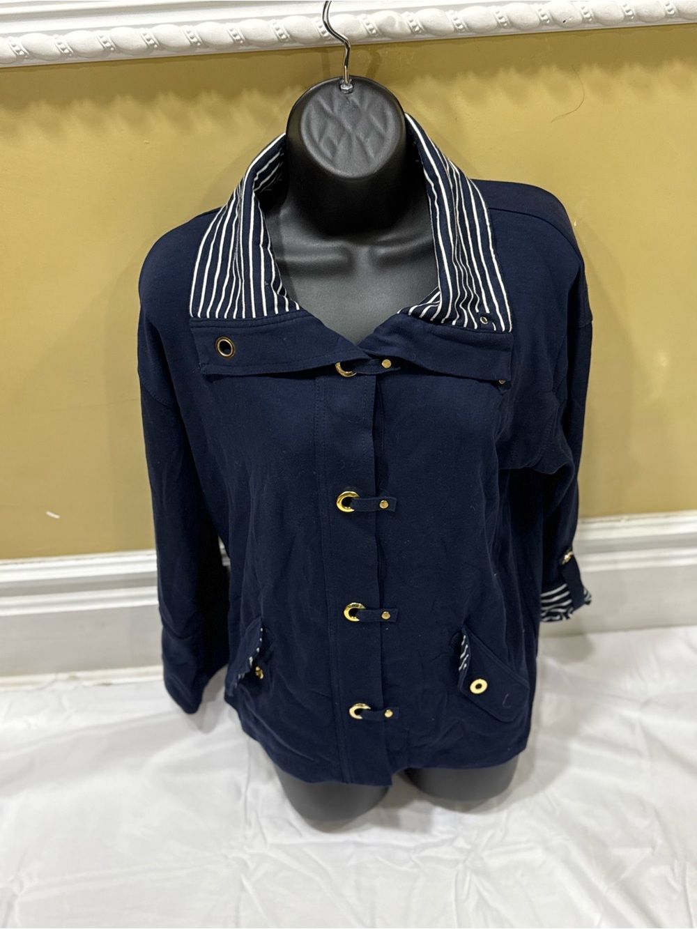 Jones New York Navy Utility Jacket with Striped Collar